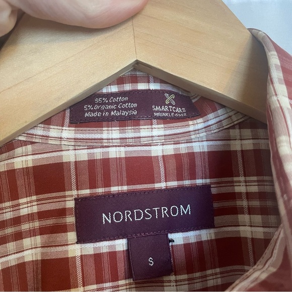 NORDSTROM Men’s Burnt Orange Red Plaid Smartcare Short Sleeve Button Down Size S - Picture 3 of 12